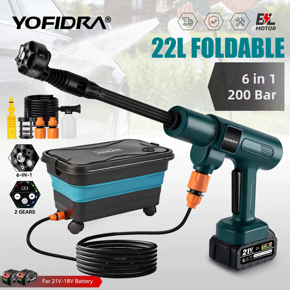 Hidrolavadora de alta presión sin escobillas YOFIDRA 200Bar con pistola de agua para coche + cubo, limpiador de jardín, pistola pulverizadora para batería Makita de 21V.