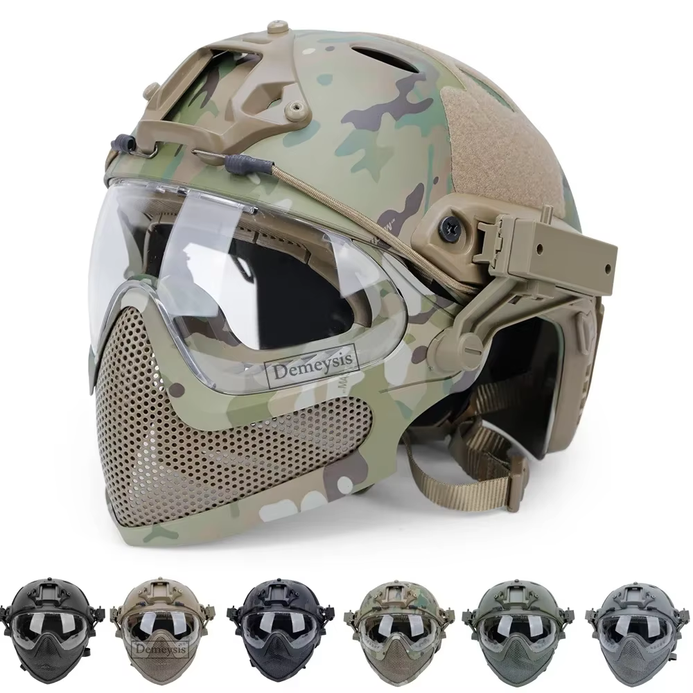 Casco Táctico + Máscara + Juego de Gafas Protectoras, Casco de Airsoft y Paintball para Exteriores con Gafas Protectoras, Cascos FAST PJ, Máscara Facial Completa para Juegos CS