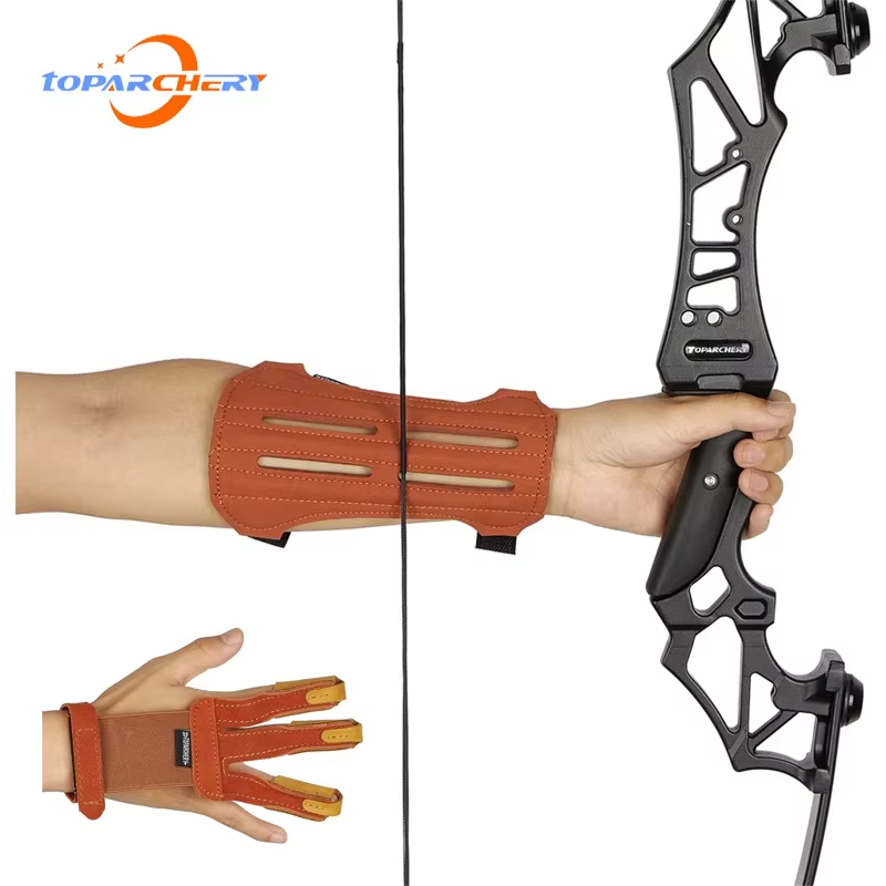Guante Protector de 3 dedos para tiro con arco, Protector de brazo de cuero de caballo, lengüeta de dedo para caza, arco largo recurvo