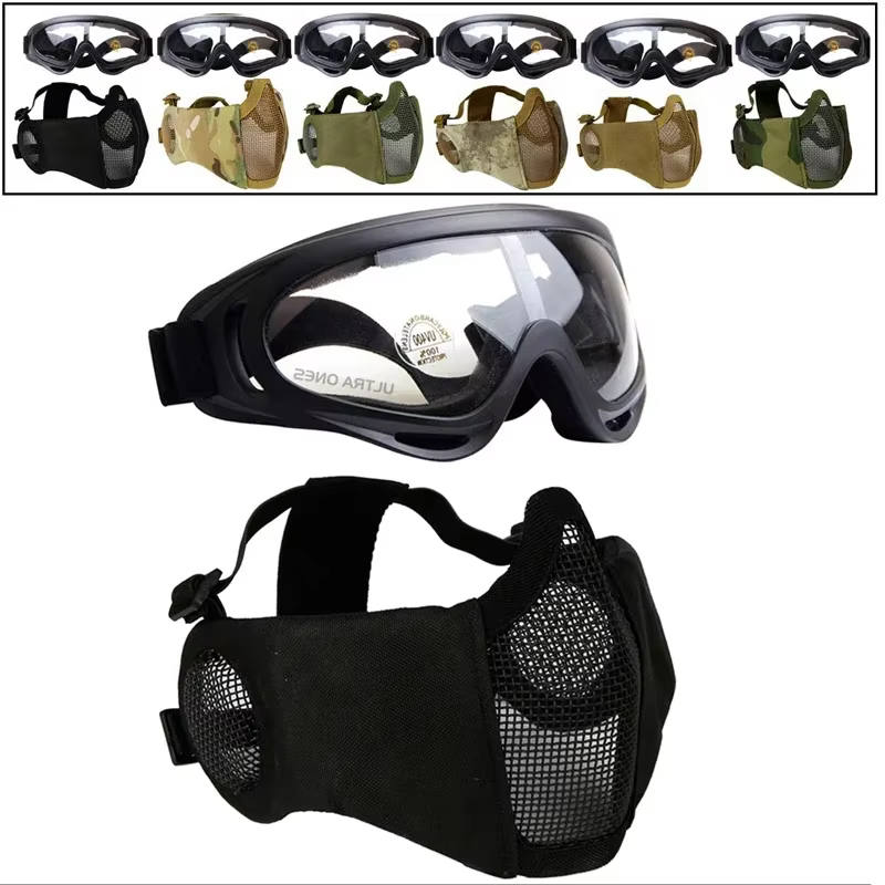 Máscara Táctica Airsoft + Juego de Gafas Protectoras, Máscara de Media Cara con Cubierta para Orejas, para Paintball, Tiro, Juegos de Supervivencia CS, Cosplay