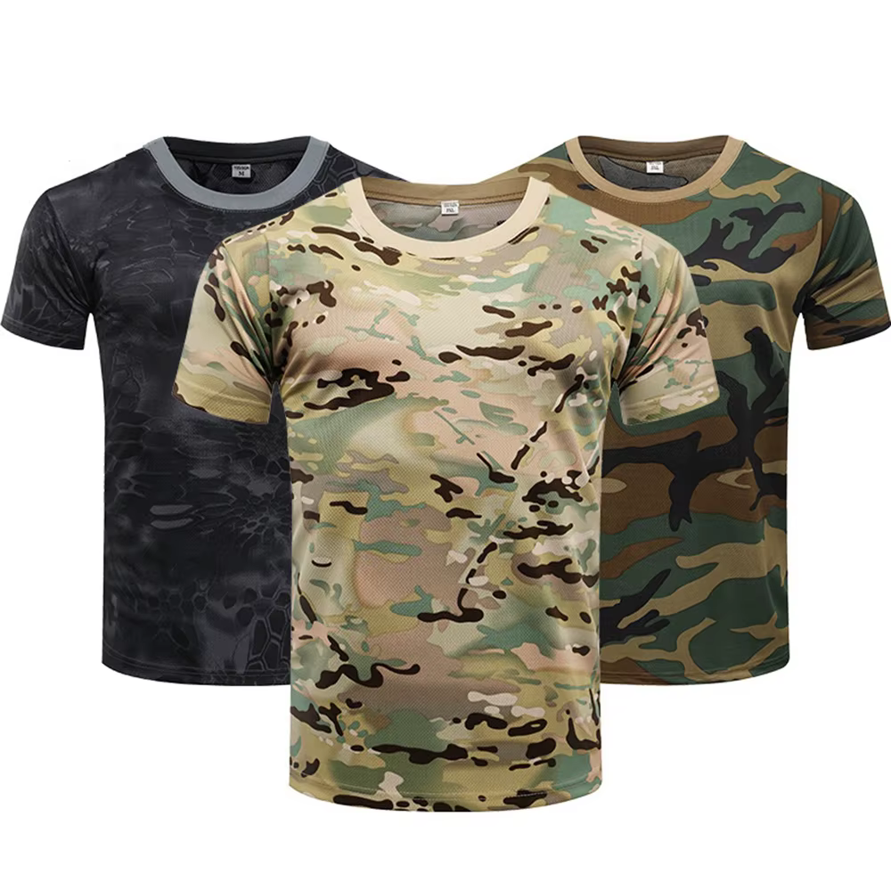 Camisetas de camuflaje 3D para hombre, camisa de manga corta con cuello redondo y secado rápido, Ideal para deportes al aire libre, senderismo y caza