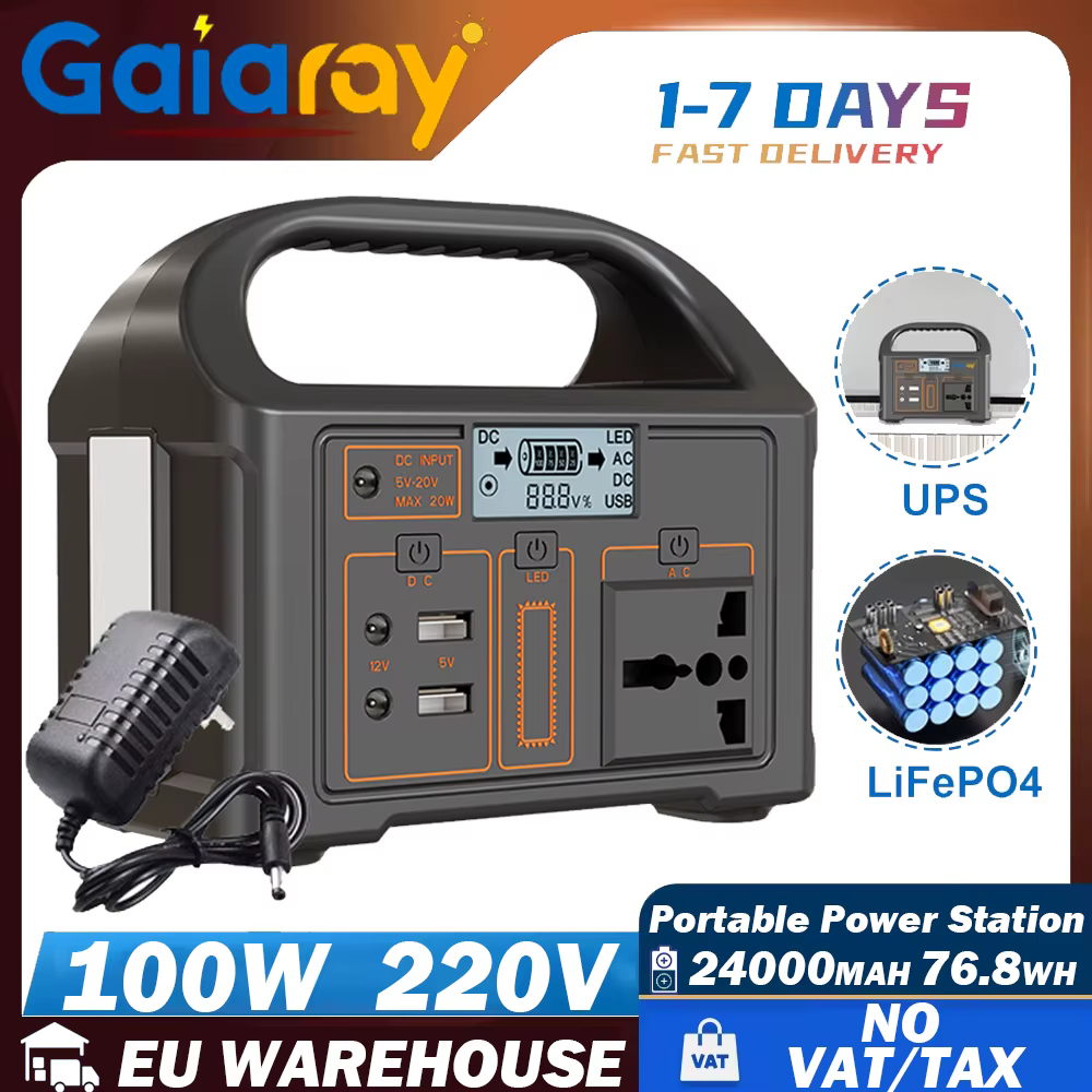 Estación de energía portátil Gaiaray 100W 24000mAh LiFePO4 estación de energía de carga generador Solar AC 220V banco de energía para Camping