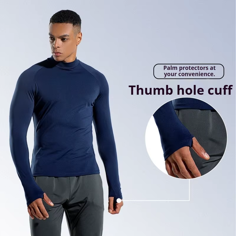 Camiseta de manga larga para correr maratón de otoño e invierno para hombre, capa Base térmica de secado rápido con cuello simulado, tela elástica con agujeros para los pulgares