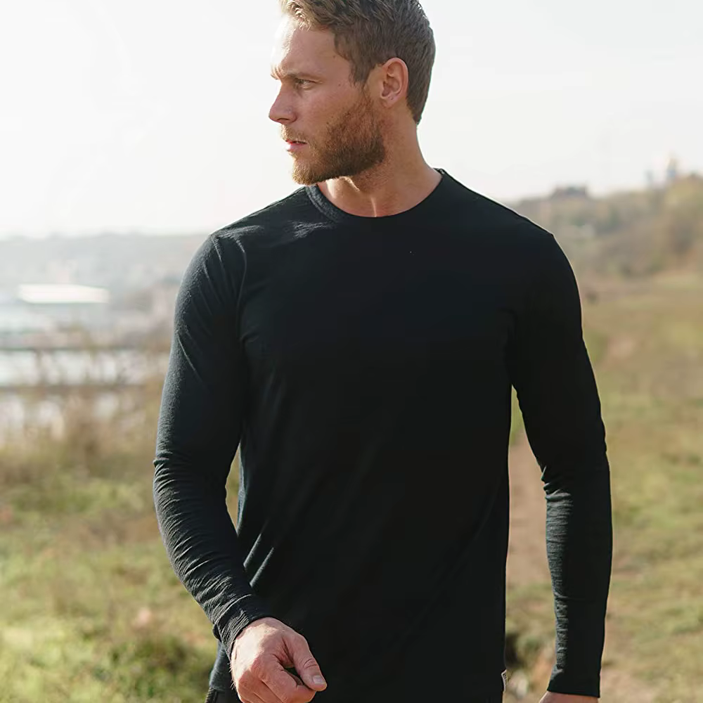 Camiseta Térmica de Manga Larga para Hombre, 100% Lana Merino, Capa Base Transpirable, Antiolor, Ropa Interior para Actividades al Aire Libre