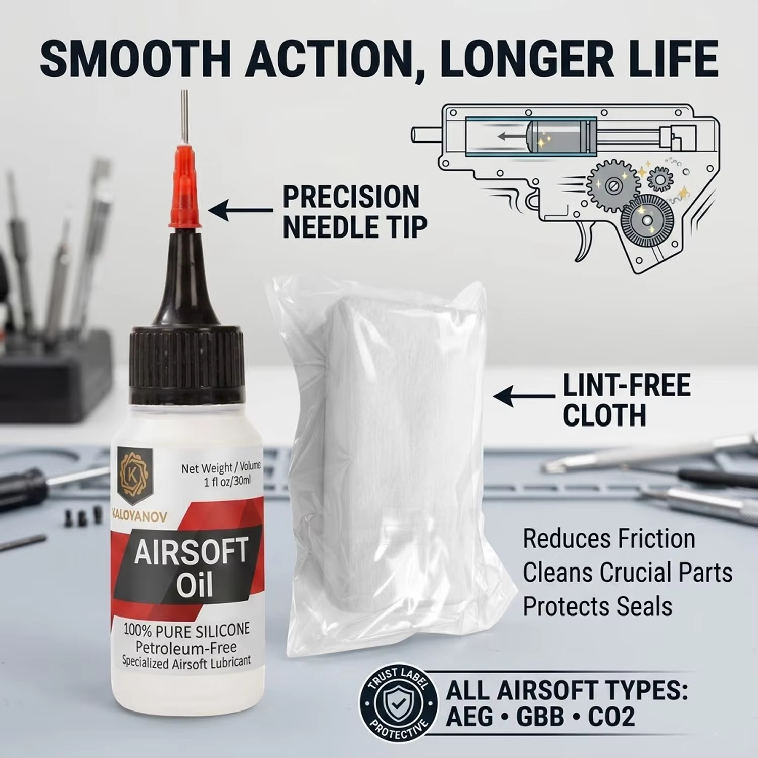 Lubricante de Silicona para Airsoft con Punta de Aguja de Precisión y Toallitas de Limpieza para Paintball, GBB, AEG, Juntas Tóricas, Aceite sin Petróleo, Set de 30ml